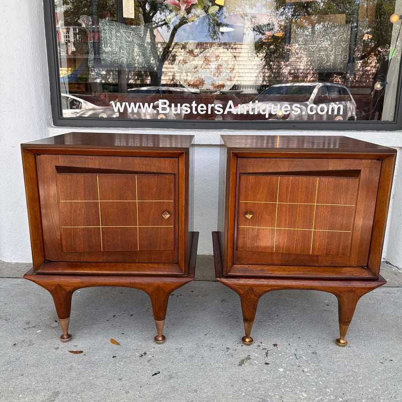 Pair of Mid Century Nightstands with Doors and Glass Shelves