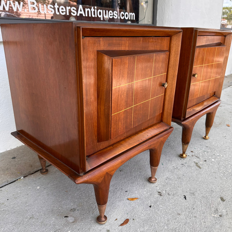 Pair of Mid Century Nightstands with Doors and Glass Shelves