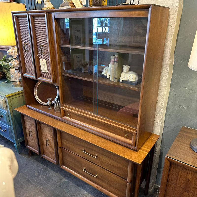 Mid Century China Cabinet with Cane Detailing and Sliding Glass Doors