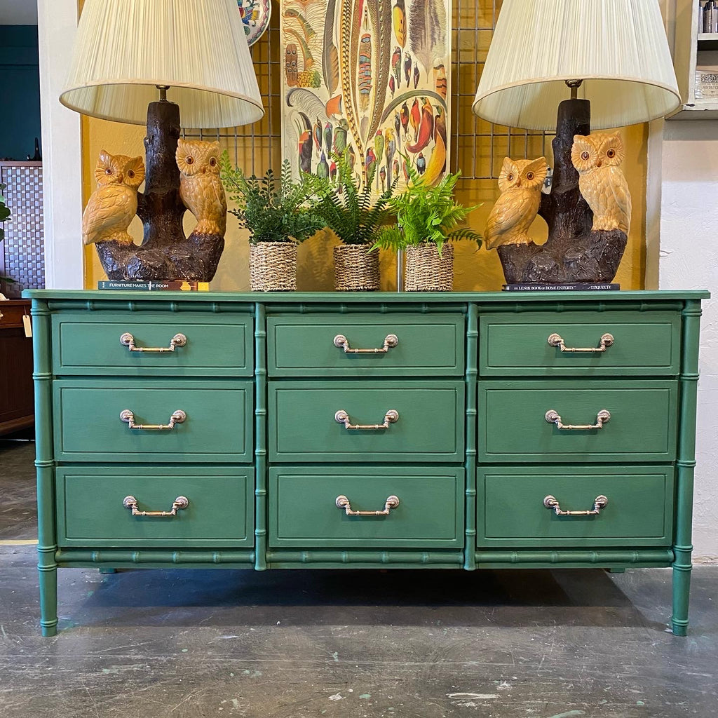 Mid Century Transitional Highboy Dresser in Olive Green - Newly